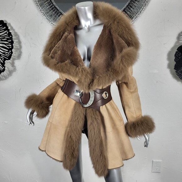 LUOLAIMA~S/M~BROWN GENUINE SHEARLING REAL FOX FUR SUEDE LEATHER COAT JACKET - Picture 1 of 16